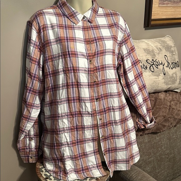 Jachs Girlfriend Brown Plaid Shirt with purple & pink stripes pockets shacket - Picture 2 of 6